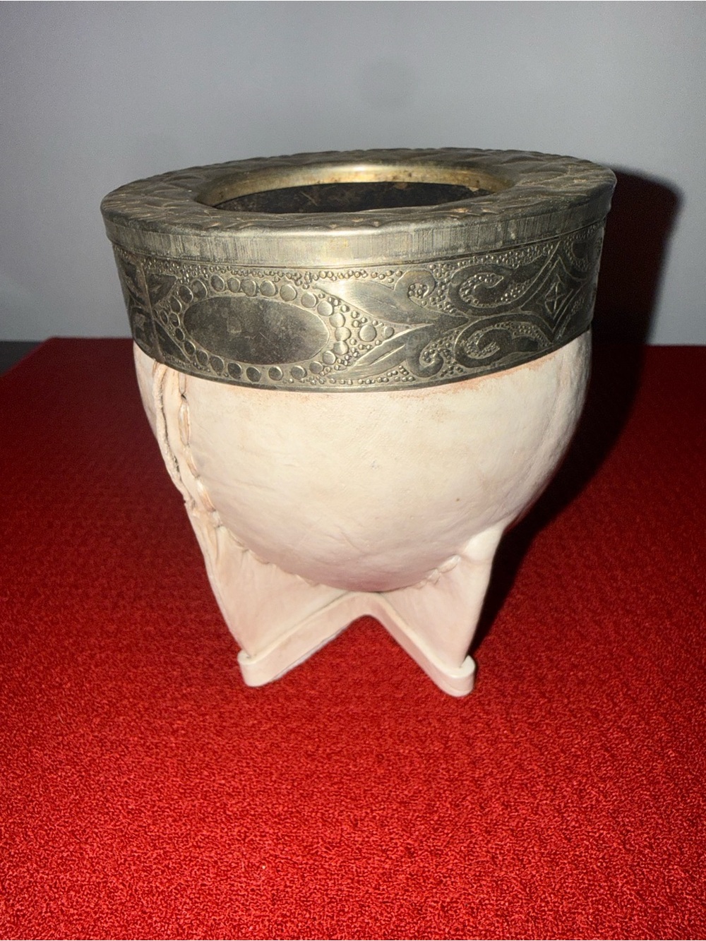 Vtg Yerba Mate Gourd Handmade Alpaca Silver Ring/ White Leather Argentinian